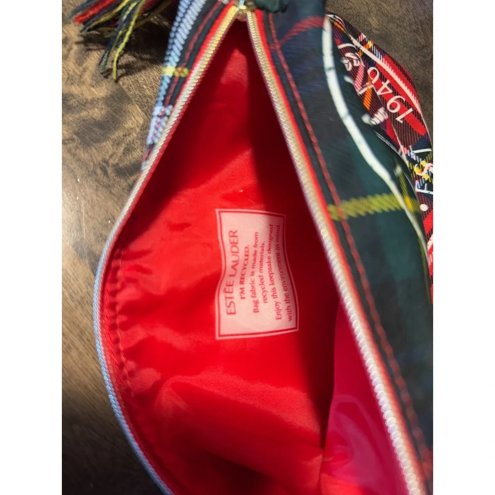 Estee Lauder Women Make-up‎ Cosmetic Bag Red Blue Green Tartan Plaid with Tassel